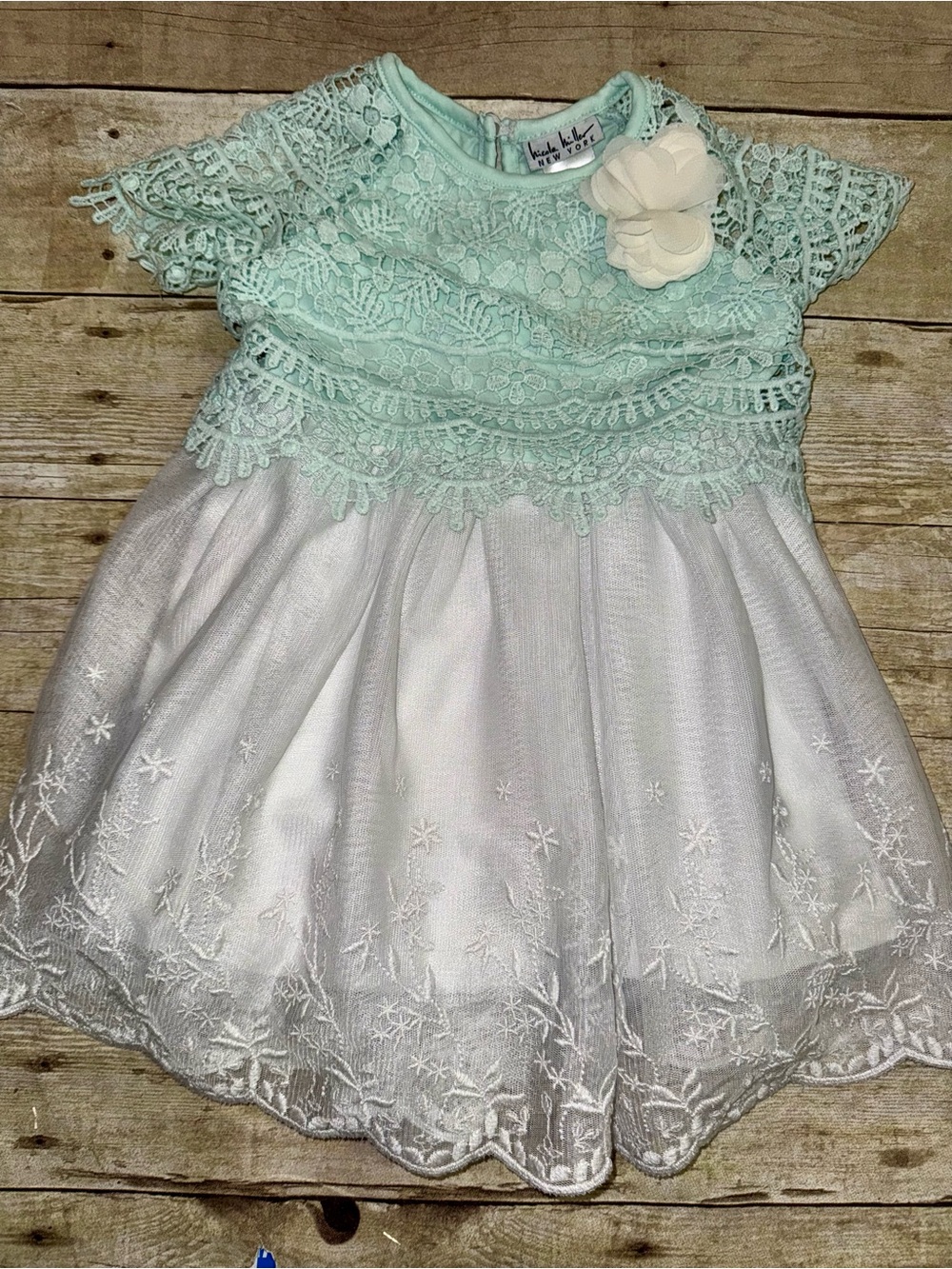 Mint Lace Bodice & White Embroidered Tulle Girls Party Dress